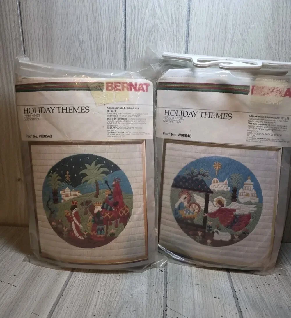 Vtg 1979 BERNAT Holiday Quick Cross-Stitch Kit New Herald Angel, Three Kings Lot